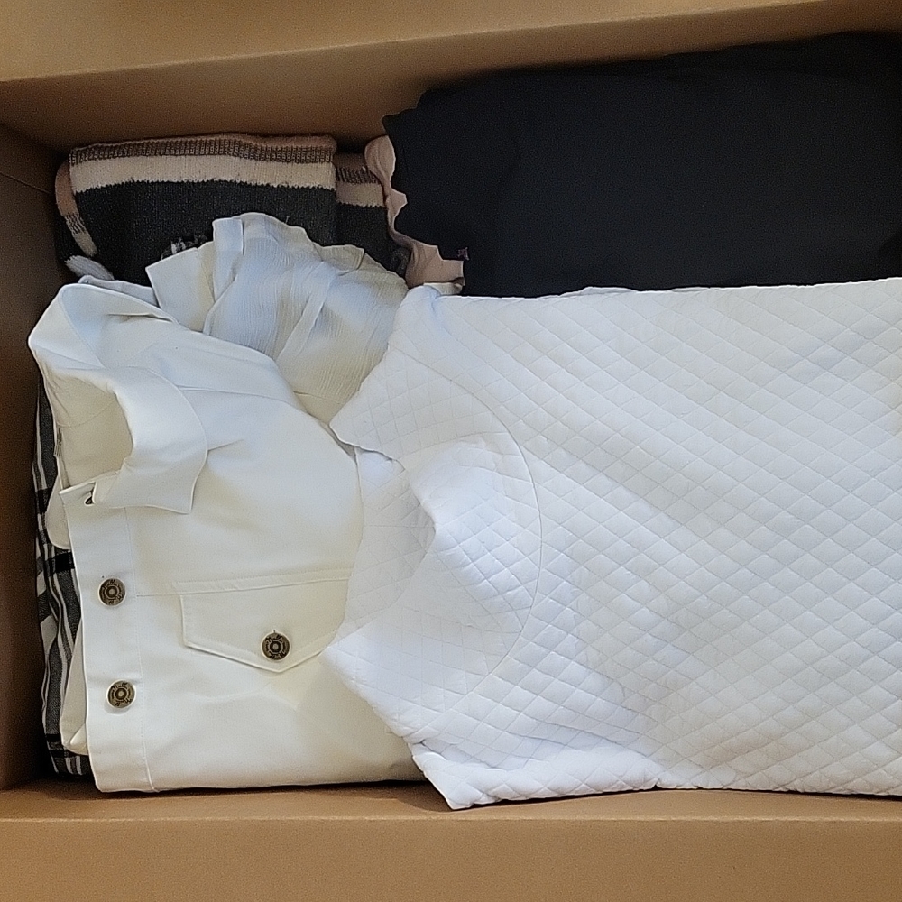 Box of 18 sweaters, jacket, and lightweight tops. Size Large to Xtra Large.